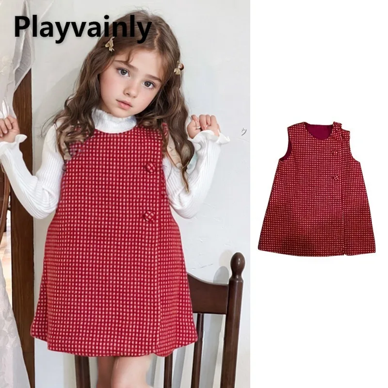 

2025 New Christmas Dress for Girls Red Plaid Round Neck Sleeveless Vest Dresses Autumn Winter Kids Holiday Party Wear W5338