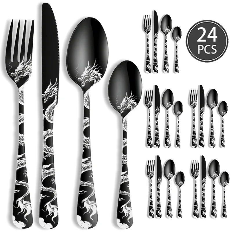 24/16 Pcs Premium Cutlery Set Laser Engraved Dragon Pattern Dinner Knife Fork Spoon Teaspoon for Festival Gifting Camping