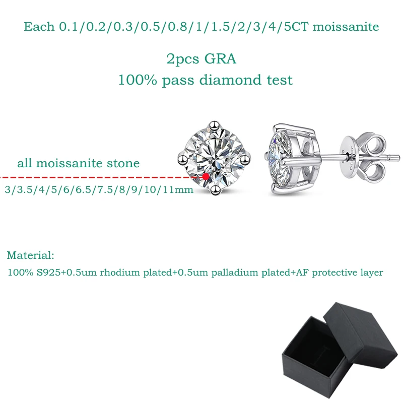 Smyoue 남녀공용 모이사나이트 스터드 귀걸이, 0.1-3CT 테스트 통과, S925 실버, 백금 도금, 신부 웨딩 다이아몬드 스터드, GRA