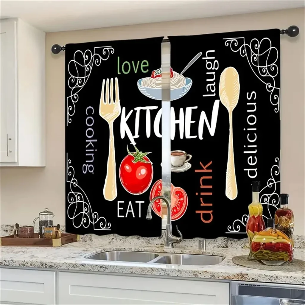 2pcs Rustic Farmhouse Small Barn Fork and Spoon Wooden Board Retro Print Kitchen Curtain Cafe Curtain Curtain Shade Cloth