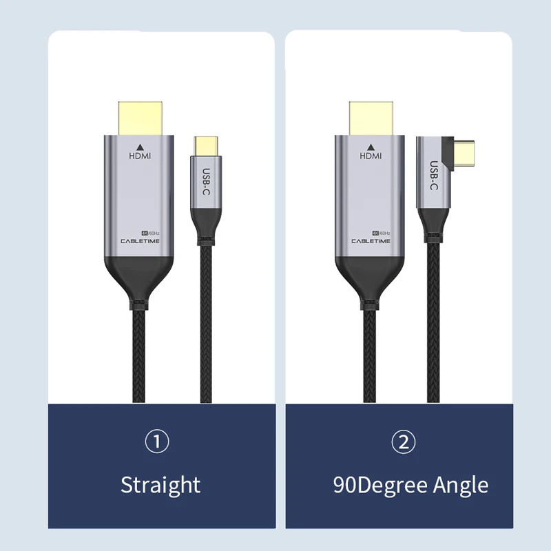 CABLETIME 4K USB C to HDMI Cable 90 Degrees Support 4K@60Hz Resolution Aluminum Shell for Laptop Monitor DELL view 5