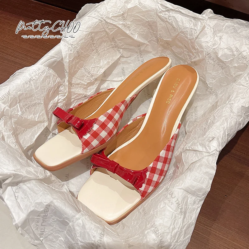 

Sweet White Red Plaid Mule Sandals Woman Fairy Bowknot Kitten Heel Slide Slippers Ladies Cute Evening Party Pump Shoes