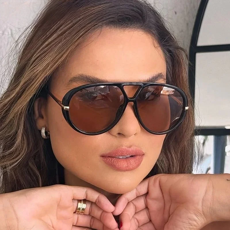 

Europe And America Retro Large-frame Personalized Double-barrel Sunglasses Oval Pilot Punk Sunglasses Women Big Frame For Uv400