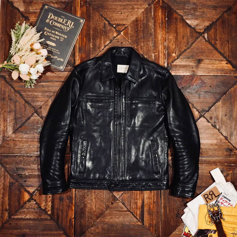 Tailor Brando Vegetable Tanned Horsehide Men's Retro Lapel Collar Silm Fit Genuine Leather Jacket