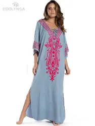 2023 Indie Folk Lace Up V-Neck Batwing Sleeve Summer Beach Dress  Tunic Women Beachwear kaftan Maxi Dress Robe Sarong Q775