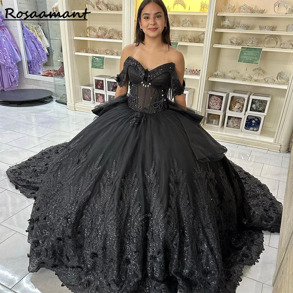 Robe de Rhen dentelle de tulle chérie noire, robes de Quinceanera, robe de soirée de princesse formelle, 15 Anos, 2023