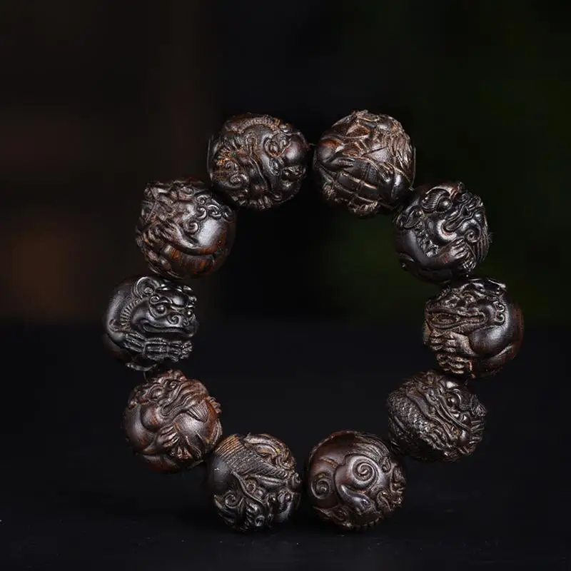 Bodhisattva Chess Agarwood Wood Carved Pixiu Dragon's Nine Sons Plain Beads Ethnic Style Buddhist Bead Bracelet