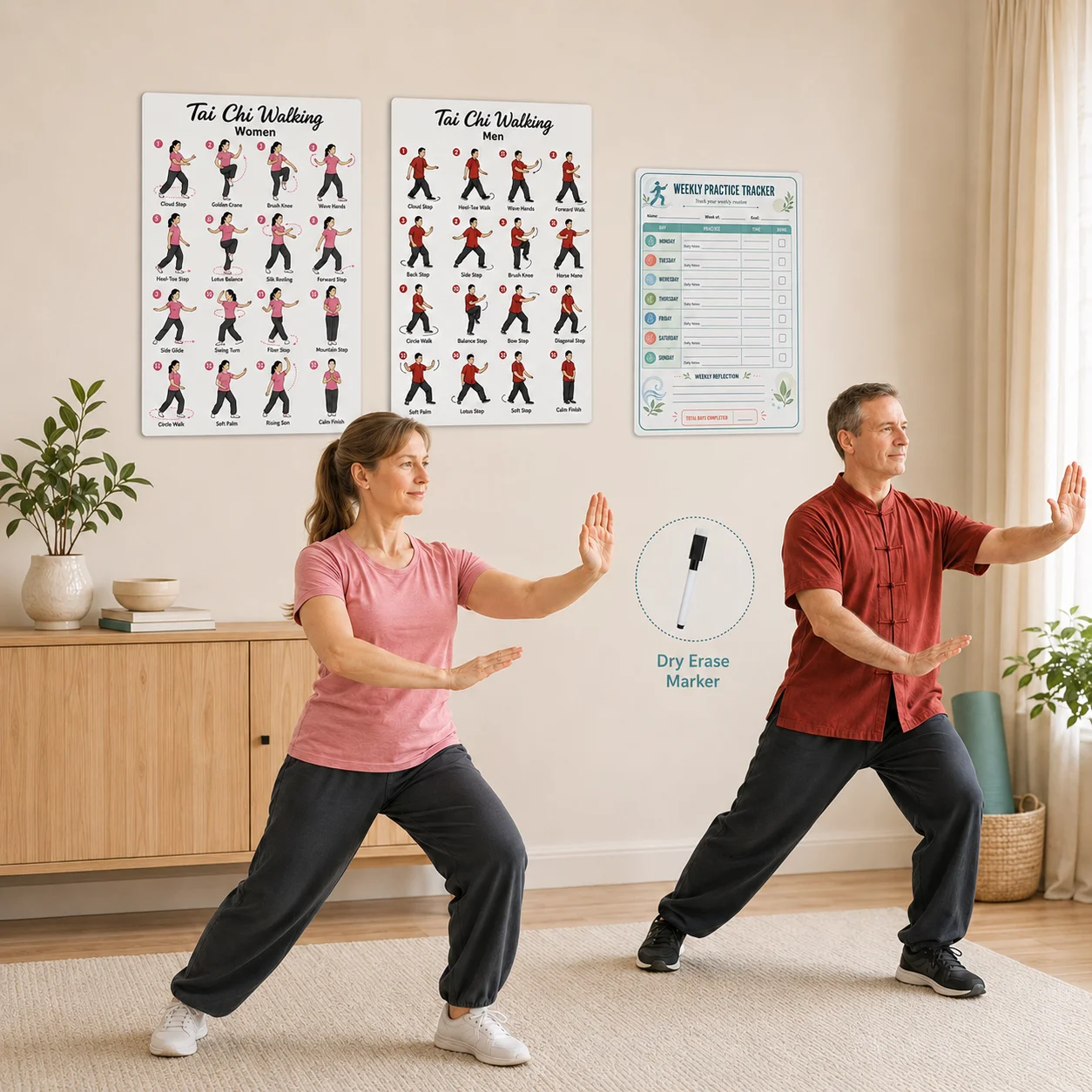 Ensemble de 4 pièces pour la pratique du Tai Chi, 2 autocollants d'entraînement + 1 suivi hebdomadaire de la pratique 15x20,5 cm + 1 tableau effaçable à sec