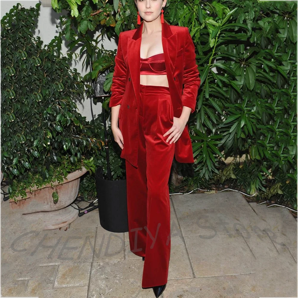 Red Velvet Women Suit Straight Classic Casual Double Breasted Peaked Lapel High Quality Tailored Female Outfit Two Pieces