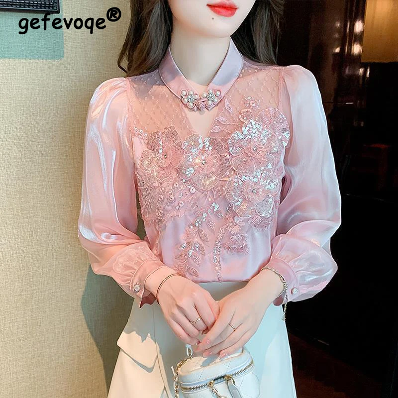 Women Satin Vintage Fashion Sequin Embroidery Elegant Blouse Spring Summer Sexy Sheer Mesh Patchwork Shirt Solid Chic Sweet Tops