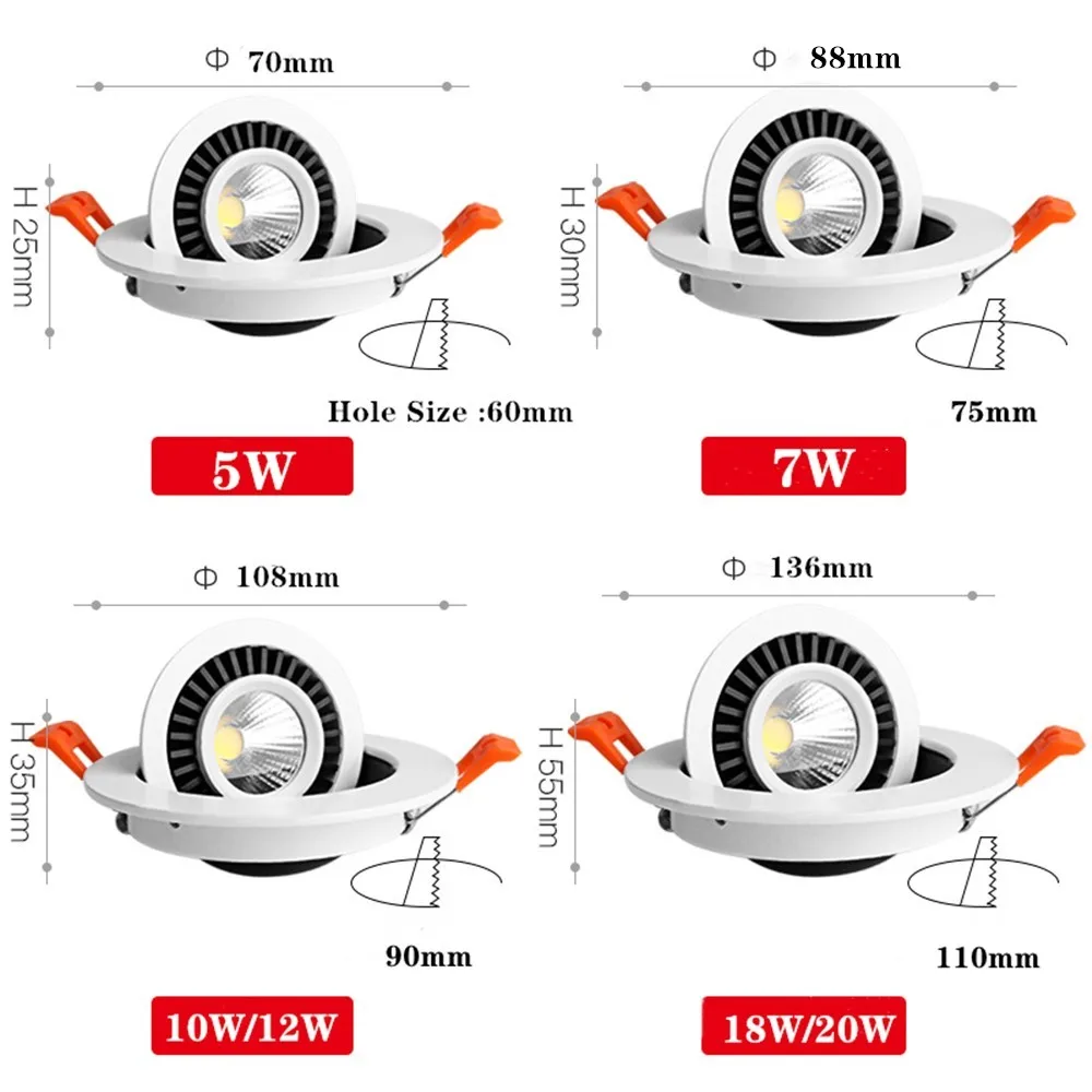 LED Recessed Ceiling Downlight 360 Degree Rotate LED Downlight 5W 10W 18W LED Lamp AC85V-265V Ceiling Spot Light with LED Driver
