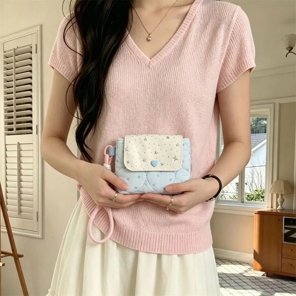 Snap Closure Quilted Star Glitter Card Bag Cute with Lanyard Cloth Printed Wallet Fashion Multiple Card Canvas Card Holder