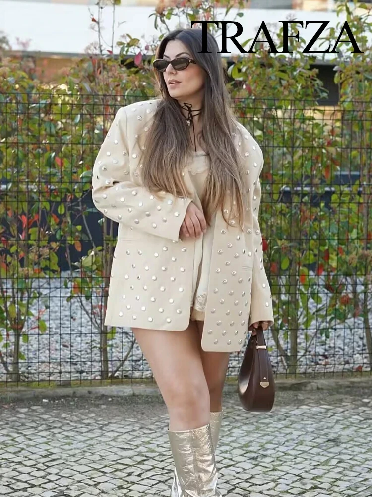 TRAFZA Giacca estiva da donna Nuova temperatura Rivetto Decorativo Cappotto casual da donna Scollo a V Giacca a maniche lunghe con paillettes senza bottoni