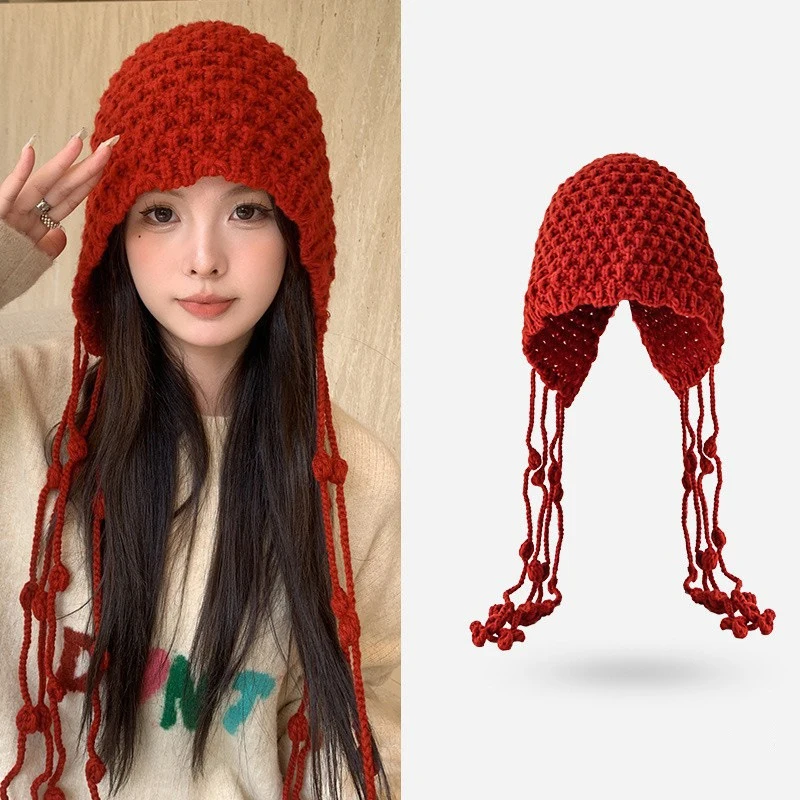 

Autumn Winter Handmade Beanies for Women Fashion Tassel Warm Knitted Ethnic Style Pullover Hat Outdoor Ear Protection Travel Cap