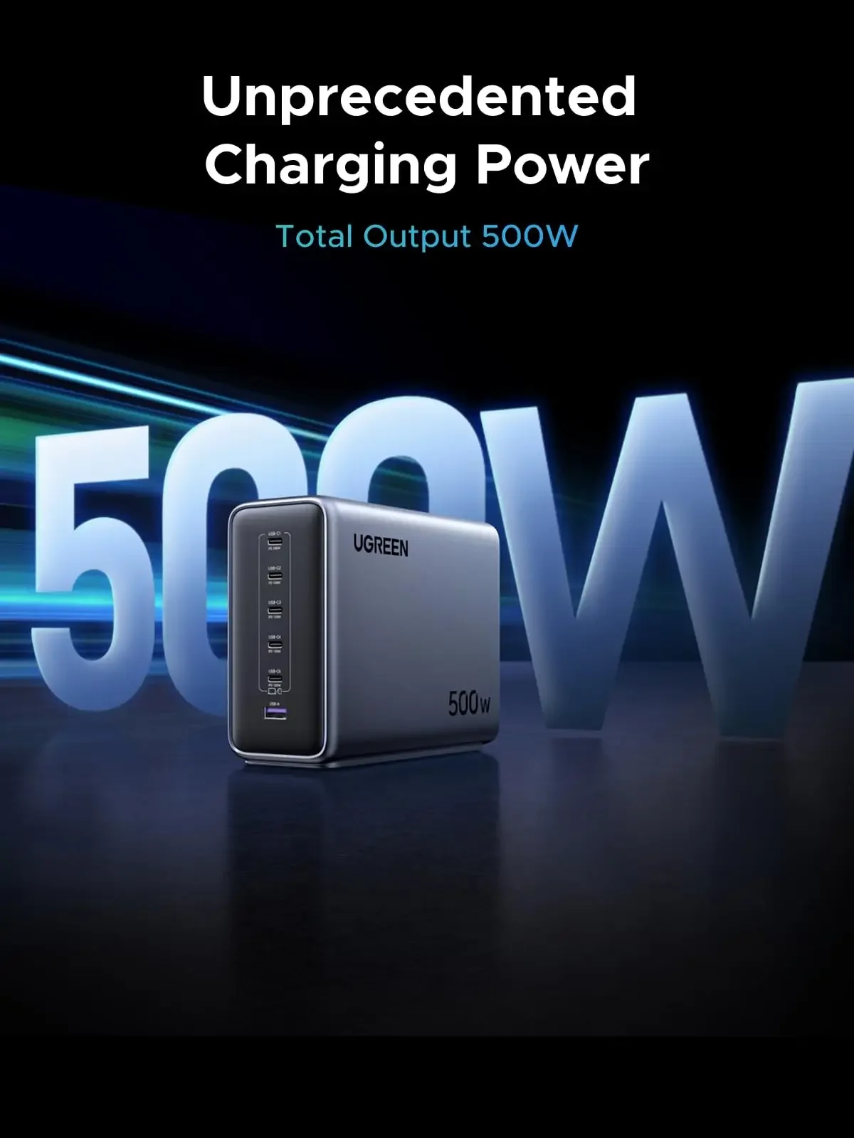 TLF UGREEN 55547/55549 Nexode 500W Carregador de mesa Estação de carregamento GaN Controle de temperatura inteligente de 6 portas para vários dispositivos