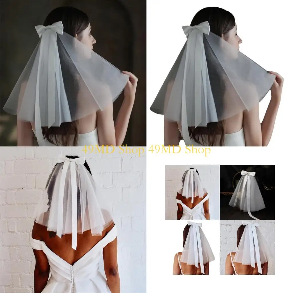 

49MD Marriage Bridal Lace Veil Women Layered Tulle Bachelorette Party Wedding Veil with Ribbon Bowknot for Wedding Party