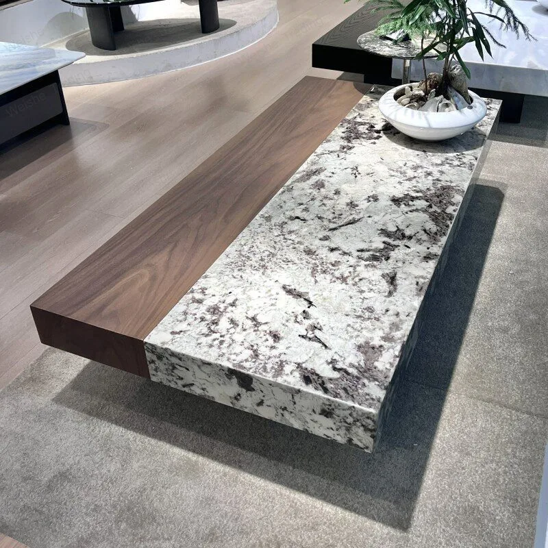 Italian natural marble rectangular solid wood walnut snow mountain blue luxury stone coffee table living room home