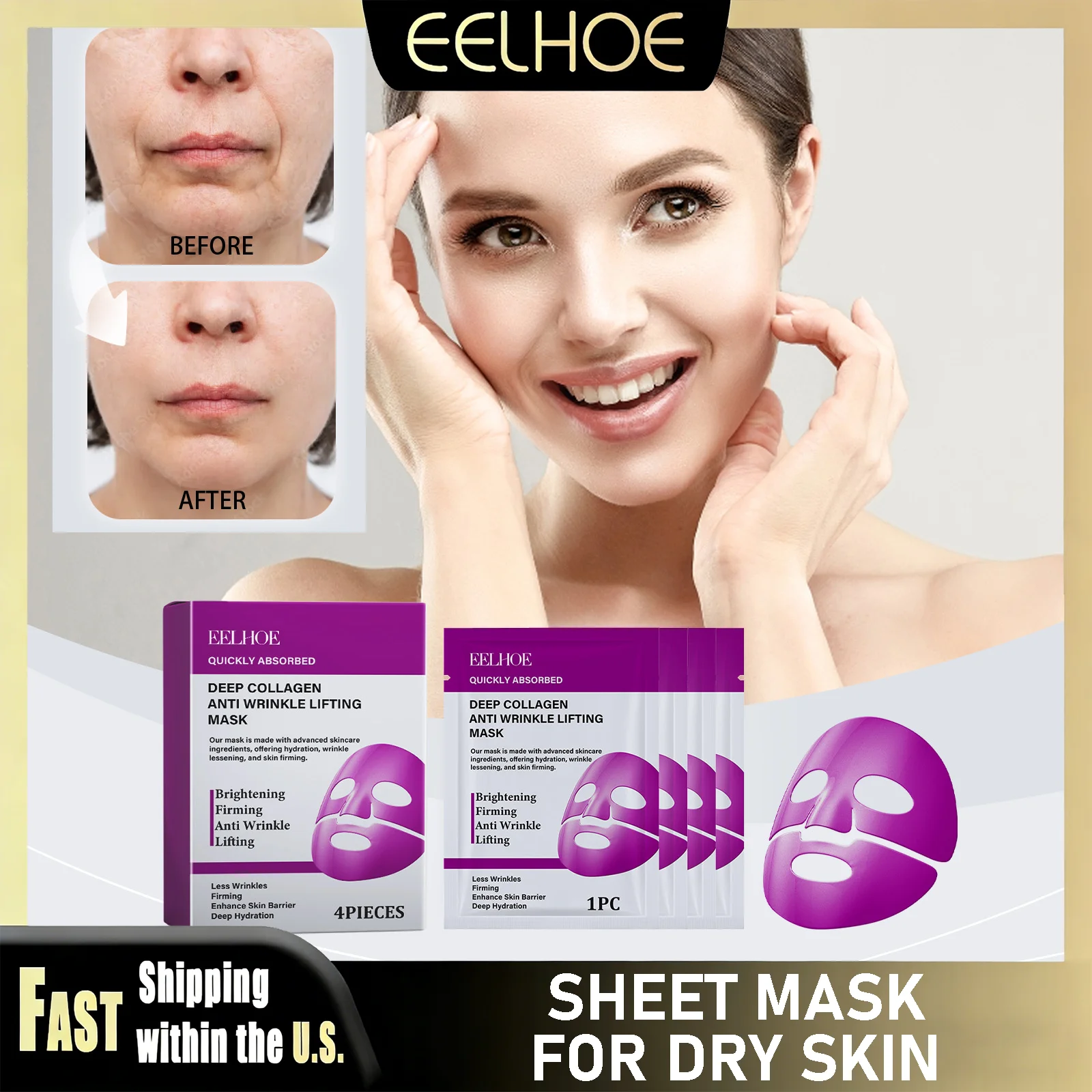 

EELHOE Коллагеновая маска для лица: укрепляющая, увлажняющая, восстанавливающая, с никотинамидом, осветляющая, глубоко увлажняющая, корейский уход за кожей