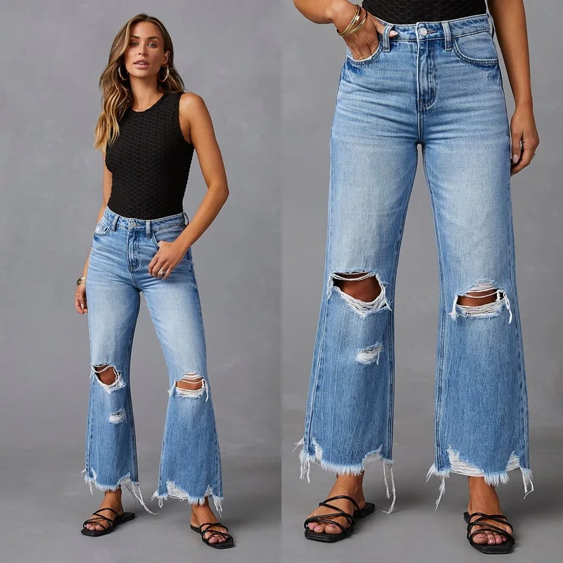 

Новые женские джинсы 2025 года с высокой талией, широкими штанинами, повседневные, с бахромой и прорезями, в уличном стиле, свободного кроя, из хлопка