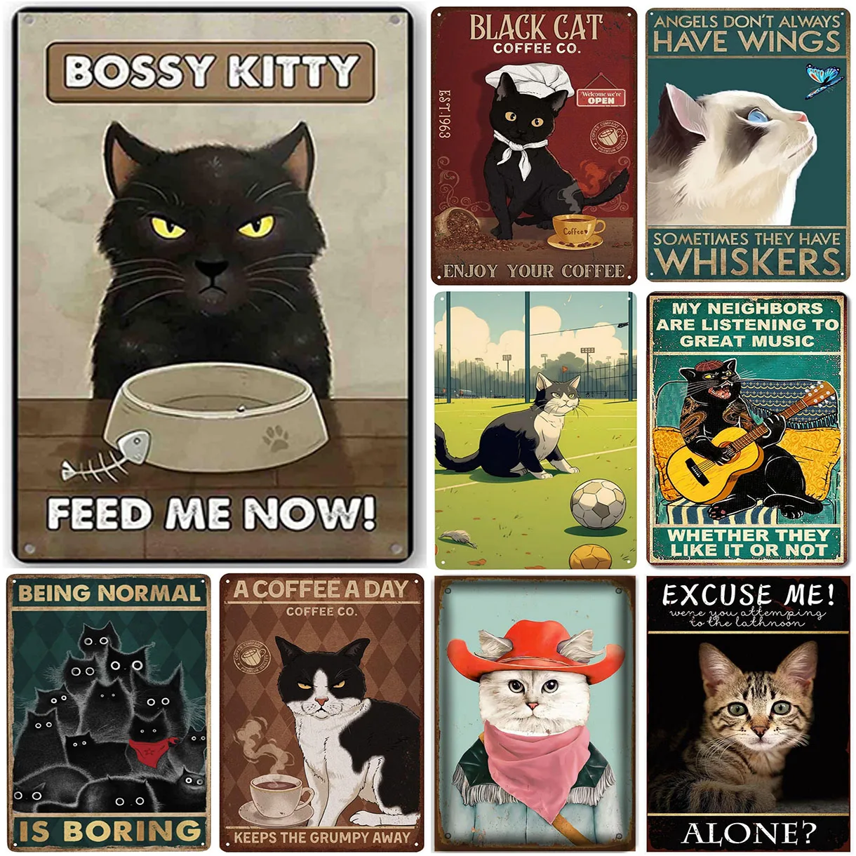 Vintage Katzen Metallblechschilder Bossy Kitty Feed Me Now Wandposter Dekoration für Garten Garage Zuhause Café Wohnzimmer Club Bar