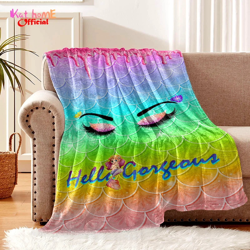 Pretty Eyelash Blankets Rainbow Gold Drips Hello Gorgeous Ombre Mermaid Eyelashes Throws Blanket For Woman Girl Lady Kids Gifts