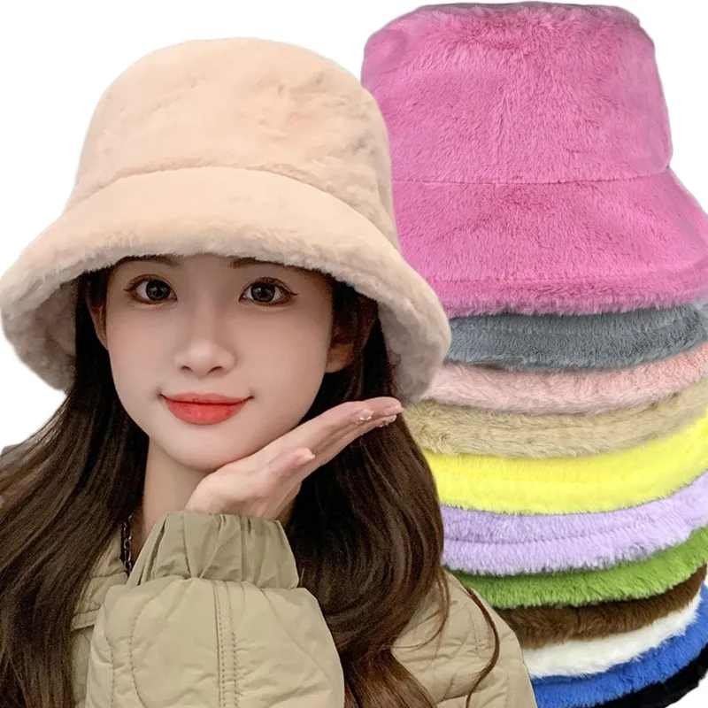 

Winter Warm Faux Fur Bucket Hats for Women Solid Color Thicken Soft Velvet Fisherman Cap Outdoor Hat Lady Fashion Panama Caps