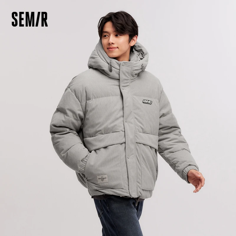 Semir Down Jacket Men Corduroy with Texture Sense 2024 New Winter College Style Loose Embroidered Short Jacket with Hood