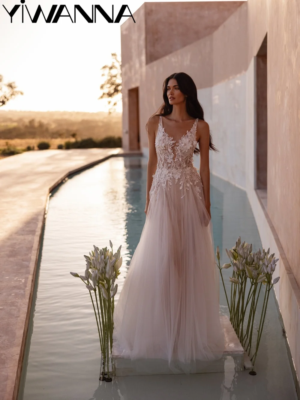 

Dazzling Beaded 3D Flower Wedding Dress Illusion A-line Thin Straps Bridal Gown New Customized Floor-length Dresses For Bride