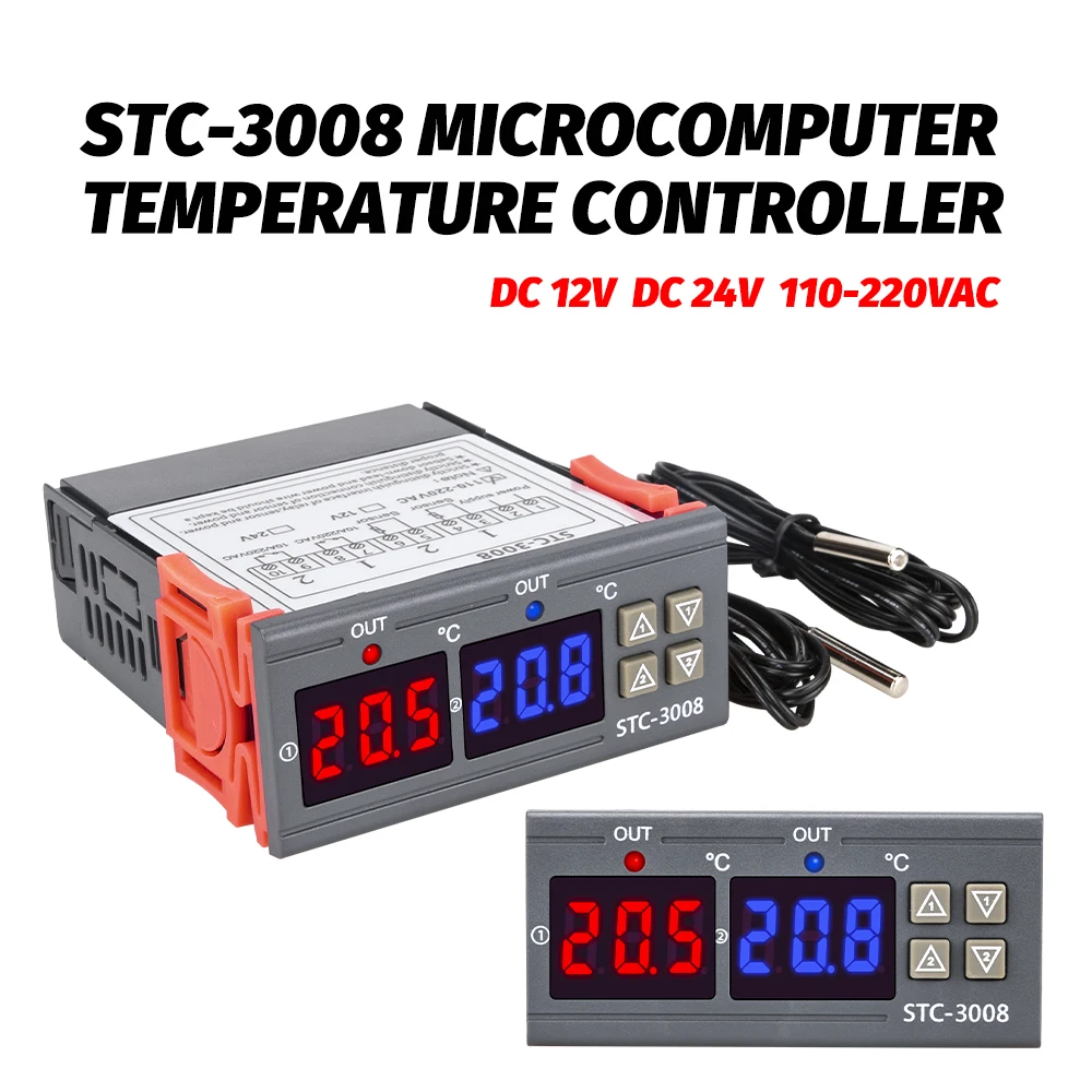 STC3008 Dual Digital Display Temperature Controller Microcomputer Thermostat Regulator  Control Switch 110-220V AC, 12/24V DC