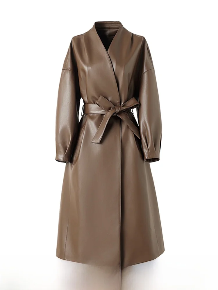 2025年新作 レディース エイプスキンレザー ジャケット スリムフィット ロングコート Vネック 通勤 スタイリッシュ レギュラー丈 ロング