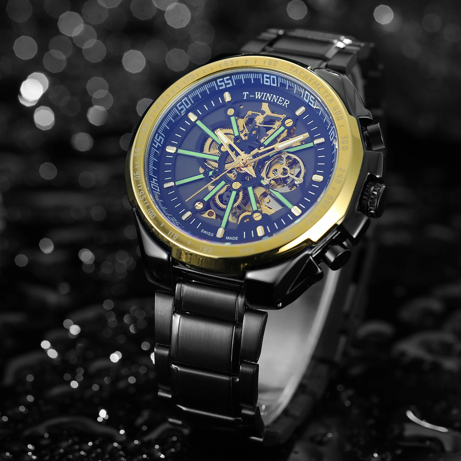 T-WINNER 新しいスポーツ発光メンズ自動スケルトン機械式時計ブルーガラス中空ダイヤルステンレス鋼男性腕時計