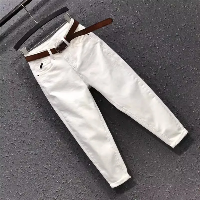 

White Stretch Straight leg Jeans For women Summer 2025 New Student Loose High waisted Harem Nine point Pants Female Casual Pants