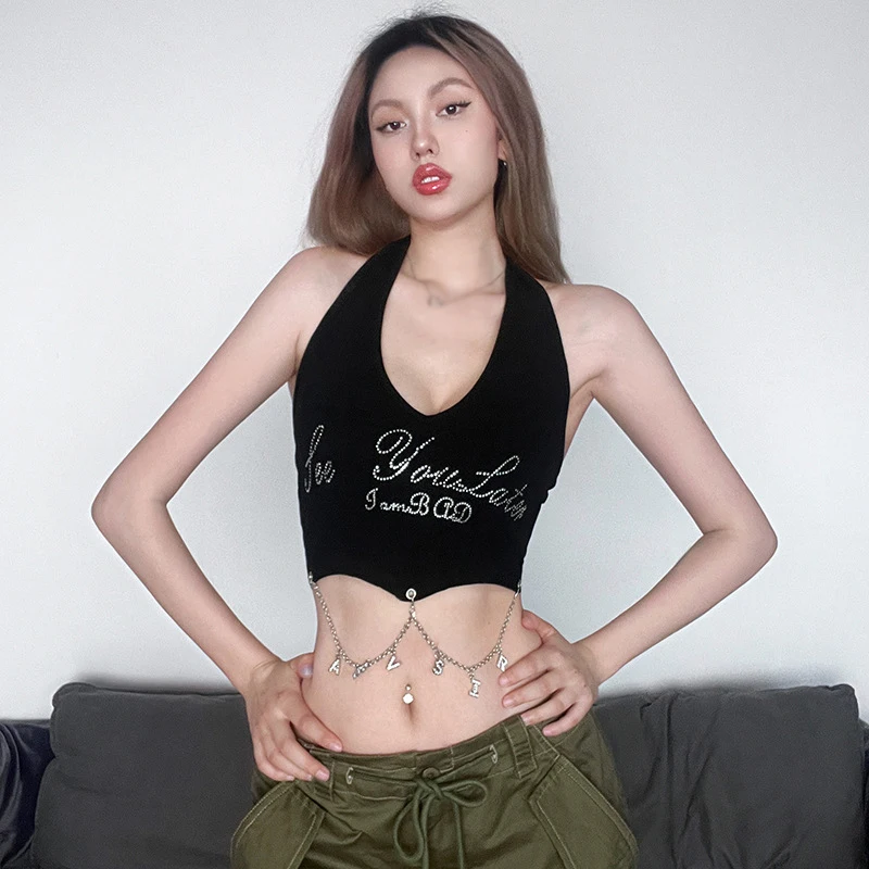 Sexy Women Letter Printed Halter Crop Tops Women Clothing  Y2k Metal Chain Decoration Hanging Tank