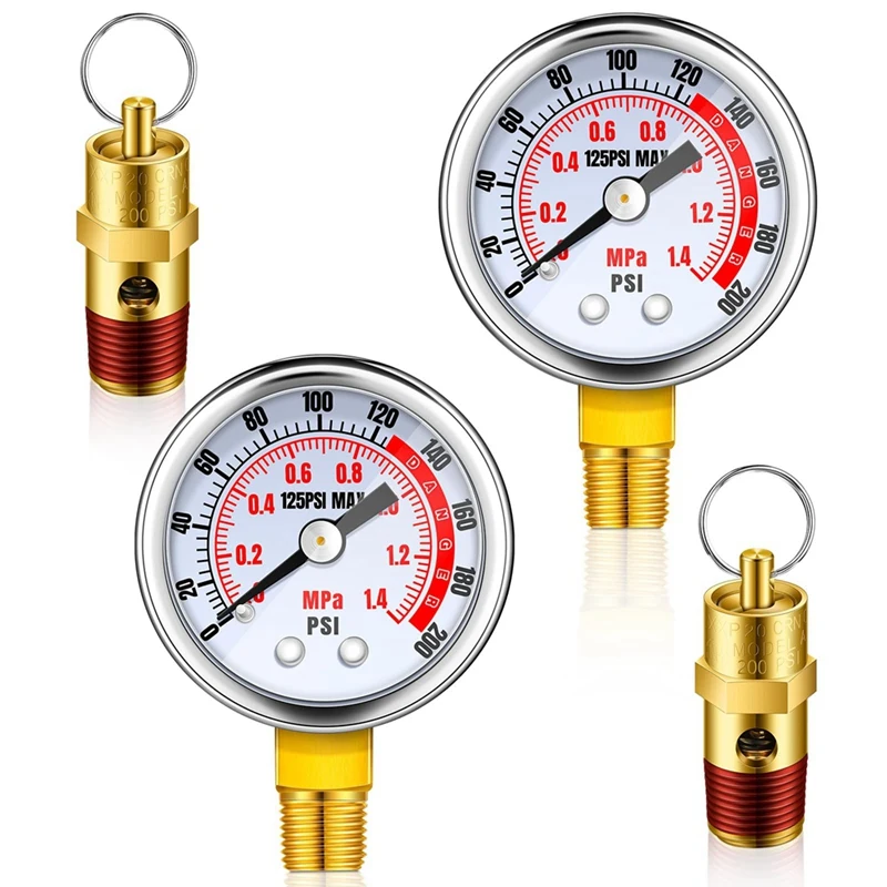 ABGR-4Pcs Air Compressor Relief Pressure Safety Valve And Air Gauge Set,1/4In NPT Air Tank Valve 0-200 PSI Air Pressure Gauge