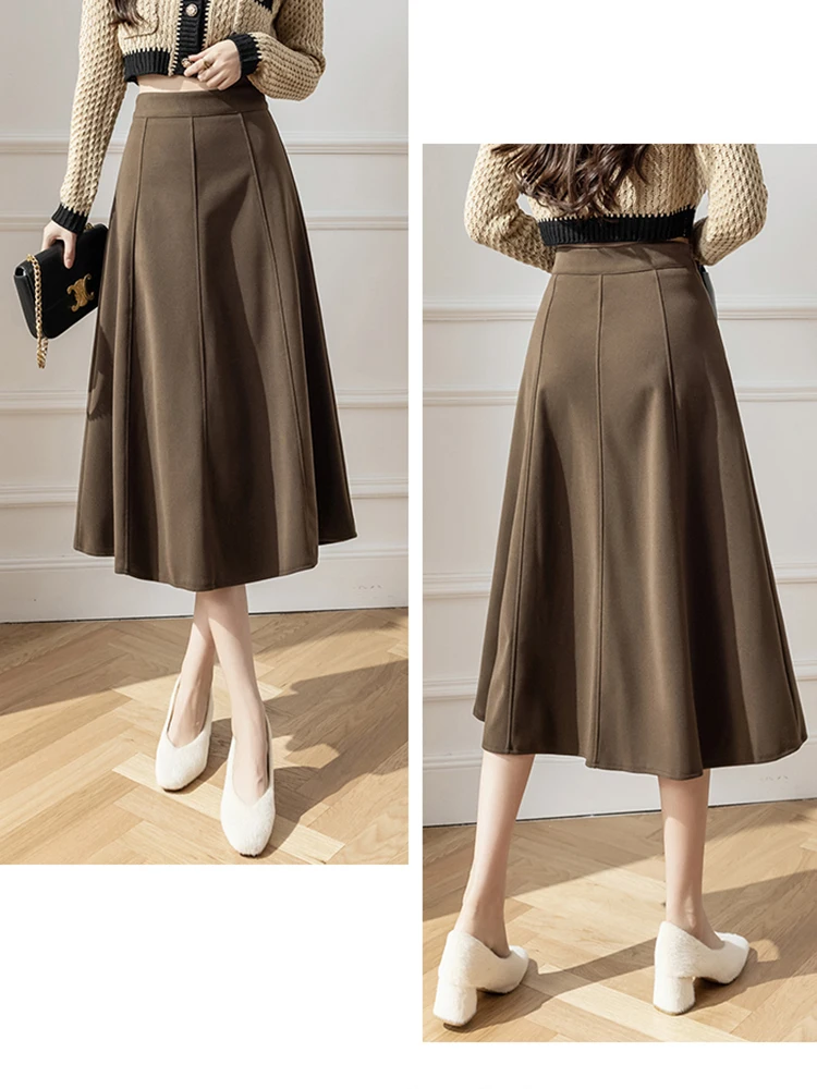 2025 Woolen Autumn Winter Skirt Woman Elegant A-line Office Umbrella Long Skirts High Waisted Spliced Brown Black Women's Skirt
