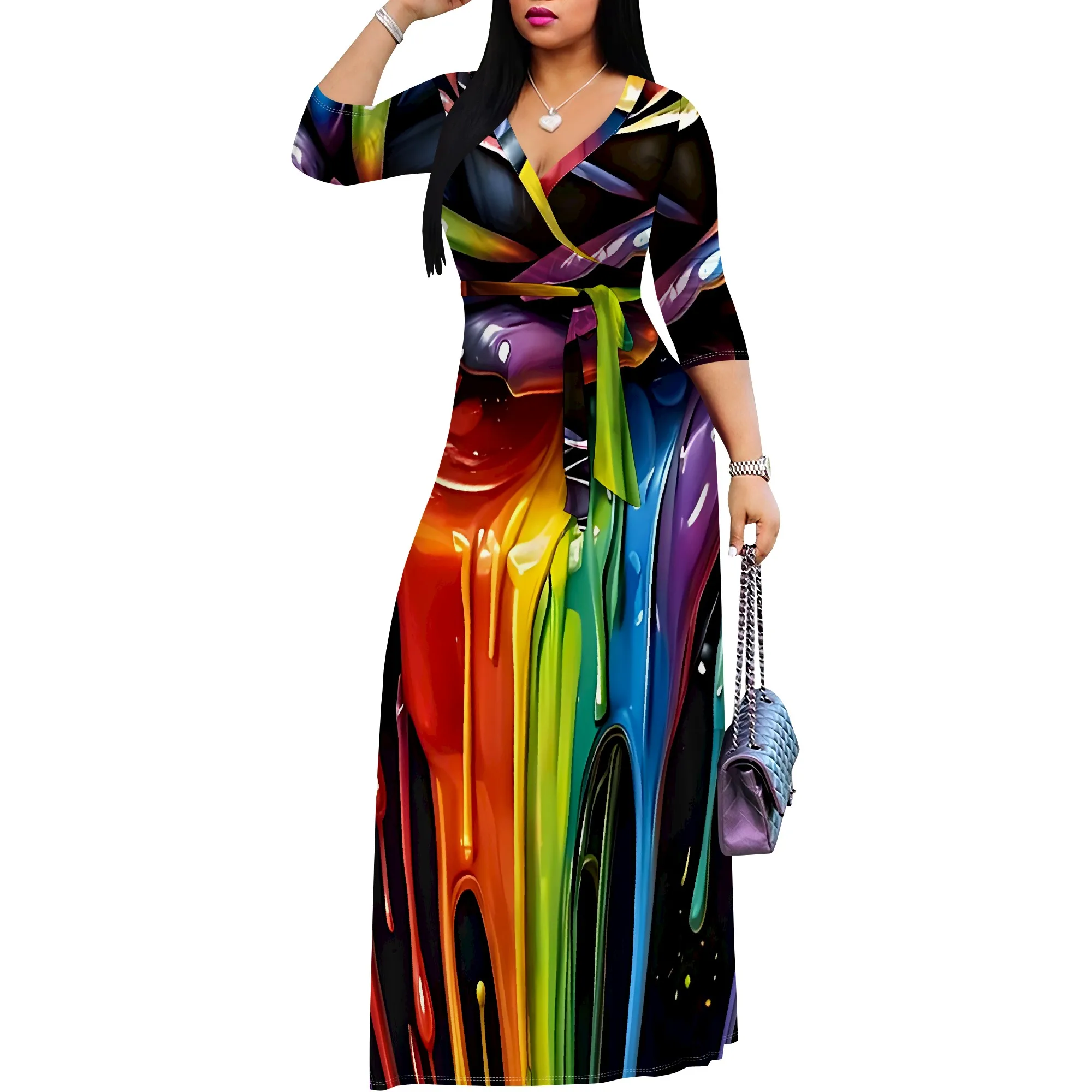 Seksowna sukienka damska z krótkim rękawem i dekoltem w szpic Boho Long Dress Fashion Printed Split Hem Club Party Casual Vacation Maxi Dress