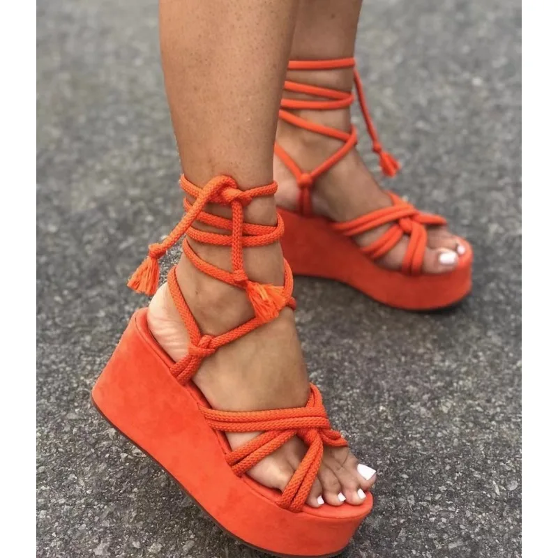 Shoes Woman Trend Summer Platform Wedge Sandals for Women Fashion Round Toe Cross Tied Height Increase Open Toe Femme Sandal