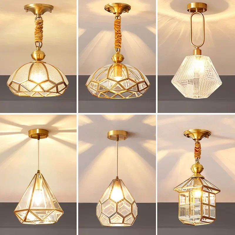 

All-copper small chandelier, European-style corridor entrance light,modern simple balcony ceiling lamp light luxury crystal lamp