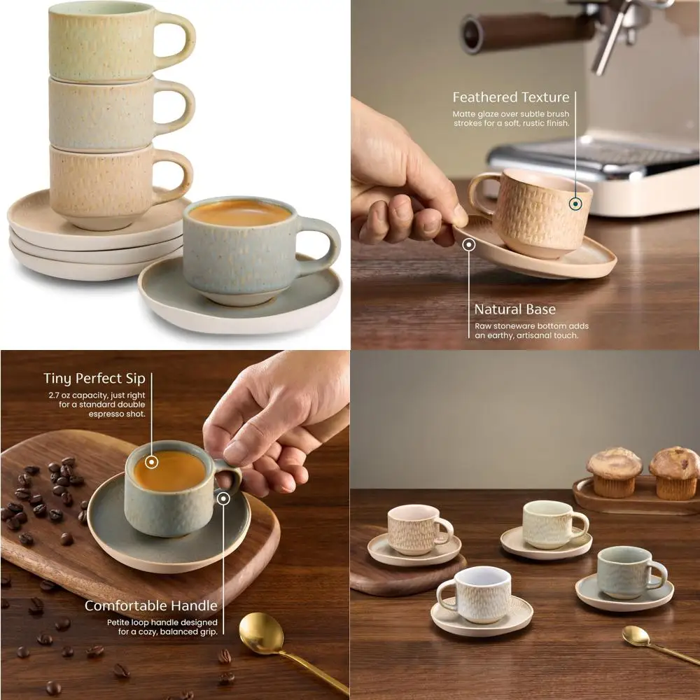 

espresso mug and saucer set, ceramic cups and plates with rustic organic shape and feathered texture, dishwasher and microwave
