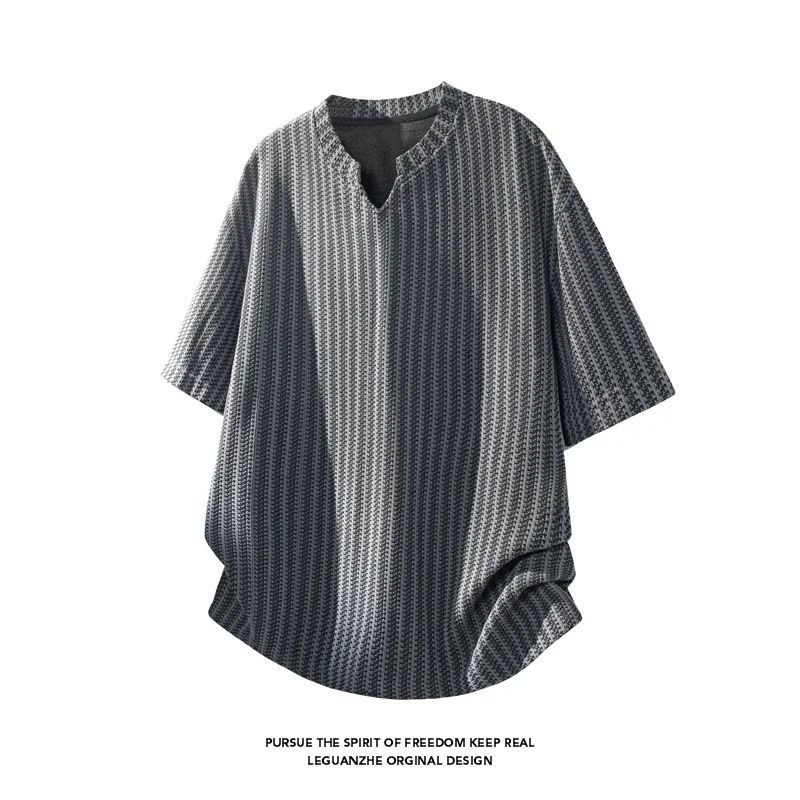 Male Summer Casual Notched Neck Short Sleeve Tee Vertical Striped Knit Fabric Loose Design For Daily Commute Street Leisure Look