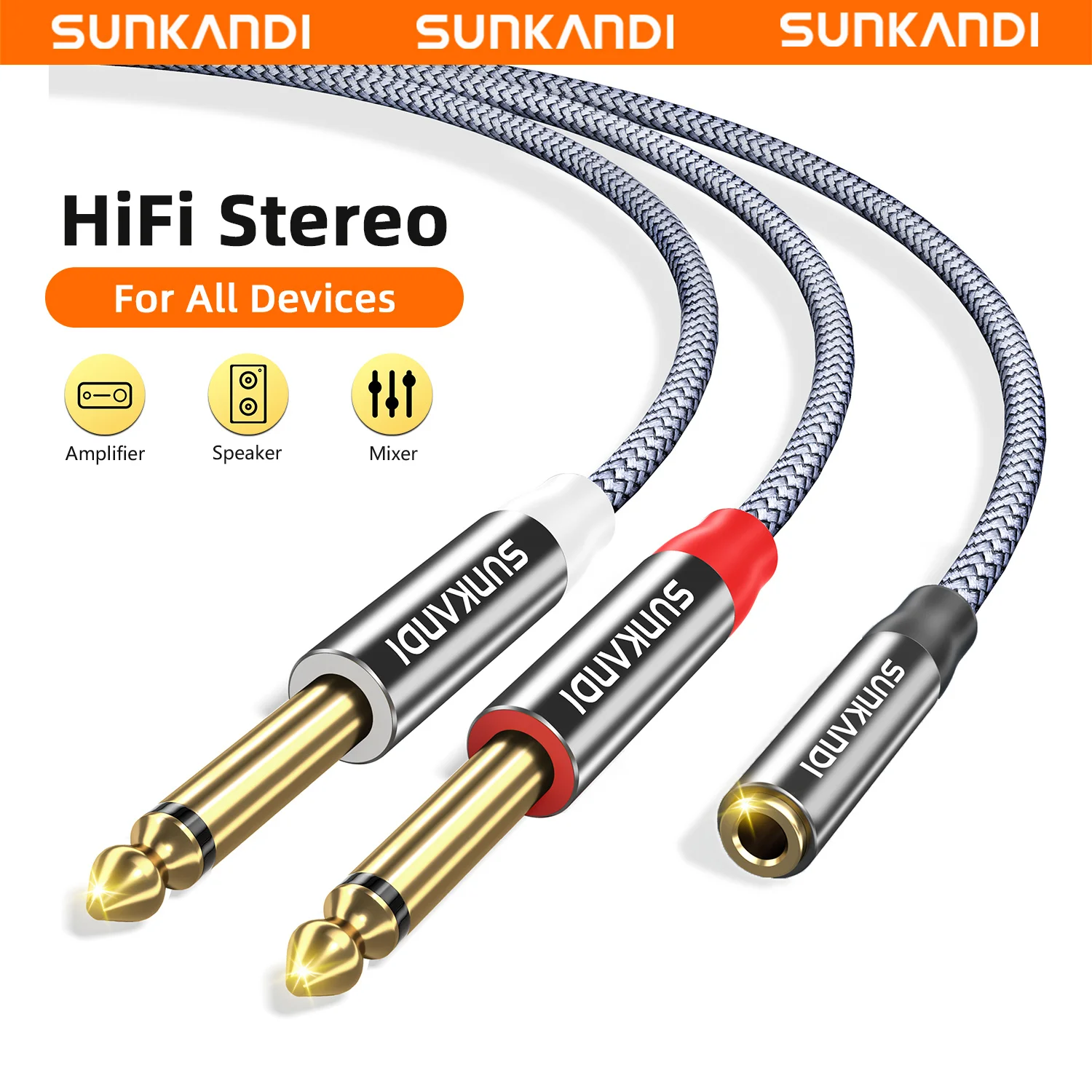 SUNKANDI 3.5mm to Dual 1/4 Inch Audio Splitter Cable, 3.5mm to 6.35mm TS Mono Male Plug Braided Stereo Breakout Cable