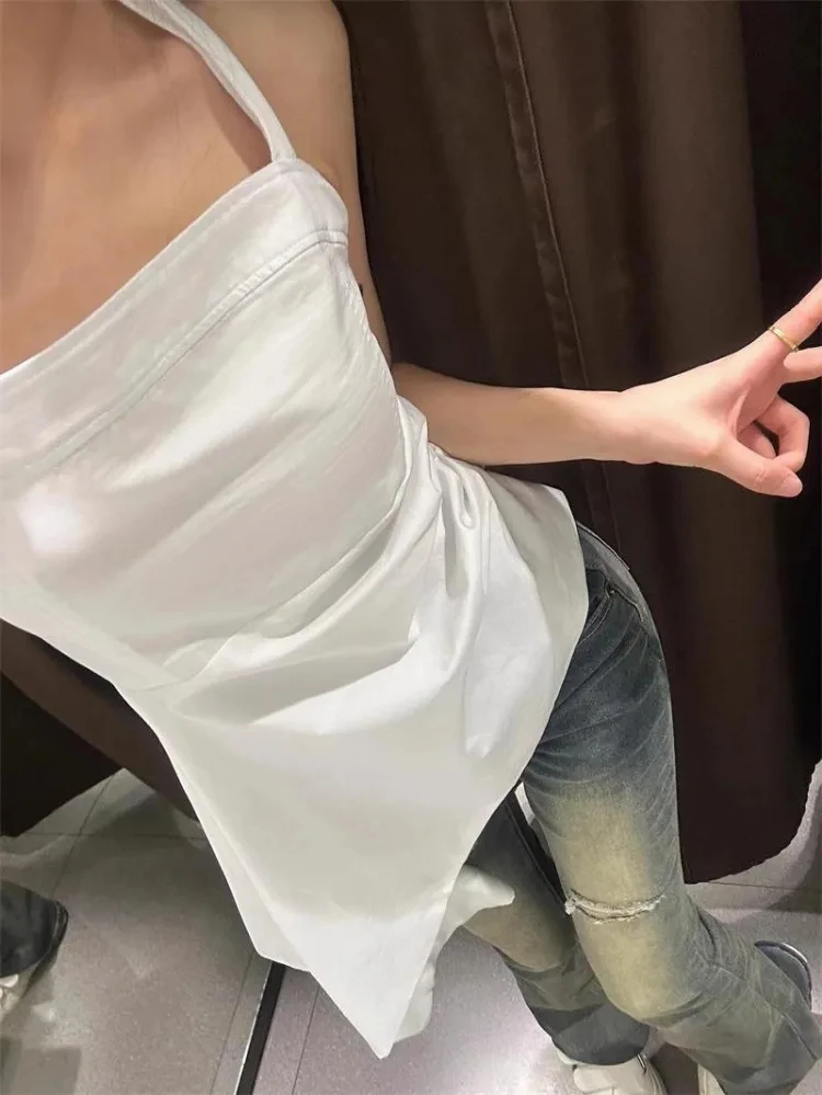 Elegante Mode Wit Halter Hemdje Vest Voor Vrouwen 2025, Zomer Nieuwe All-Match Top Y2k Slim Fit Ruches tops Mujer