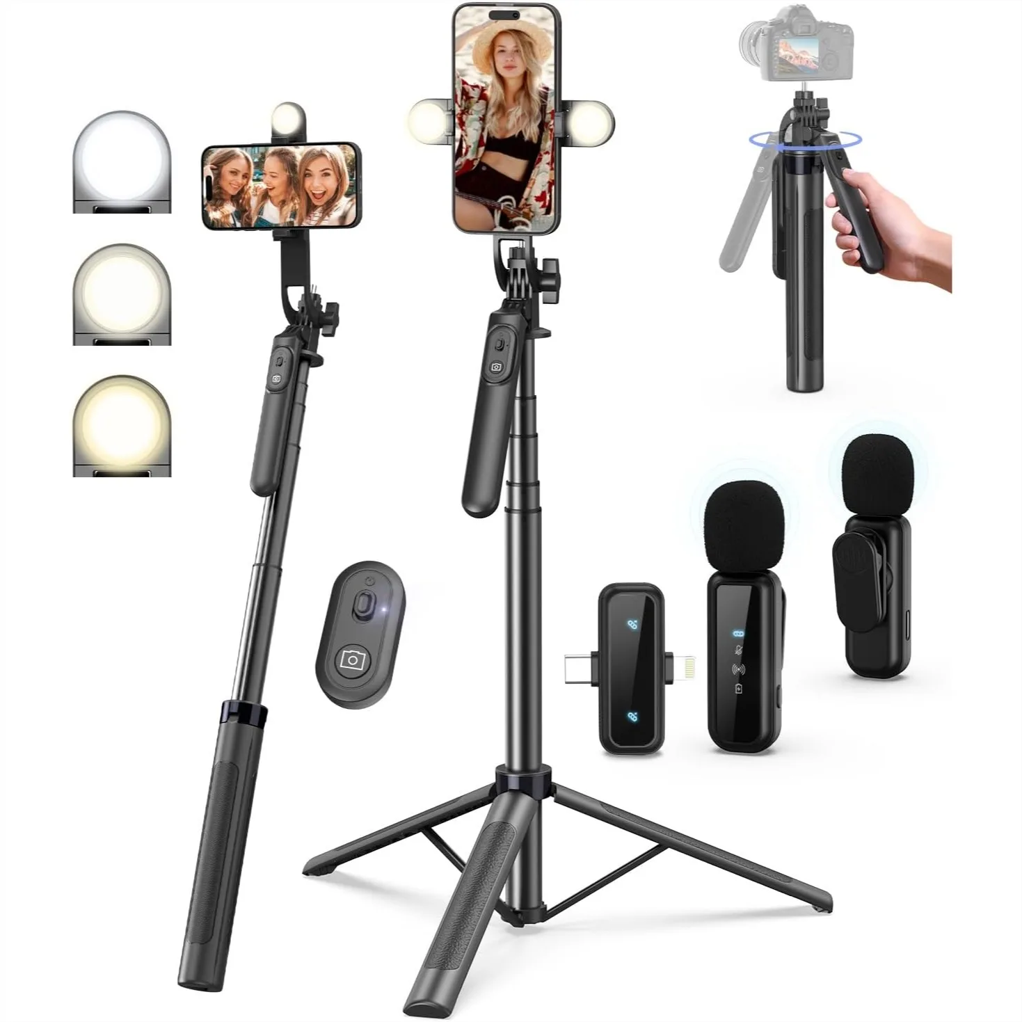 

71" Selfie Stick Tripod With Light And Wireless Microphone For Vlogging Kit For IPhone Android
