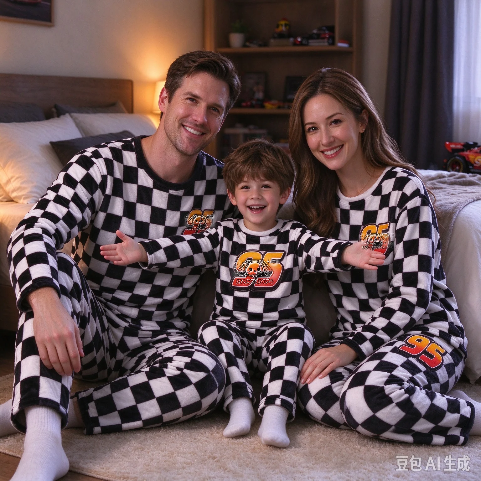 26/27 New Racing 95 Black White Checkered Cos Flannel Family Pajama Set Soft Warm Winter Unisex Loungewear FamilyMatching