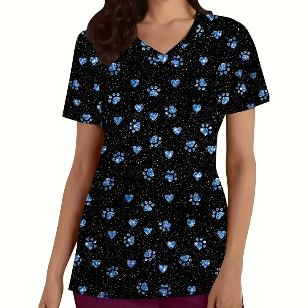 Clinical Uniform Woman Cute Cat Cartoon Print Fashion Microelastic Short Sleeve Scrubs Woman Casual V-Neck Vet Medical Clothes