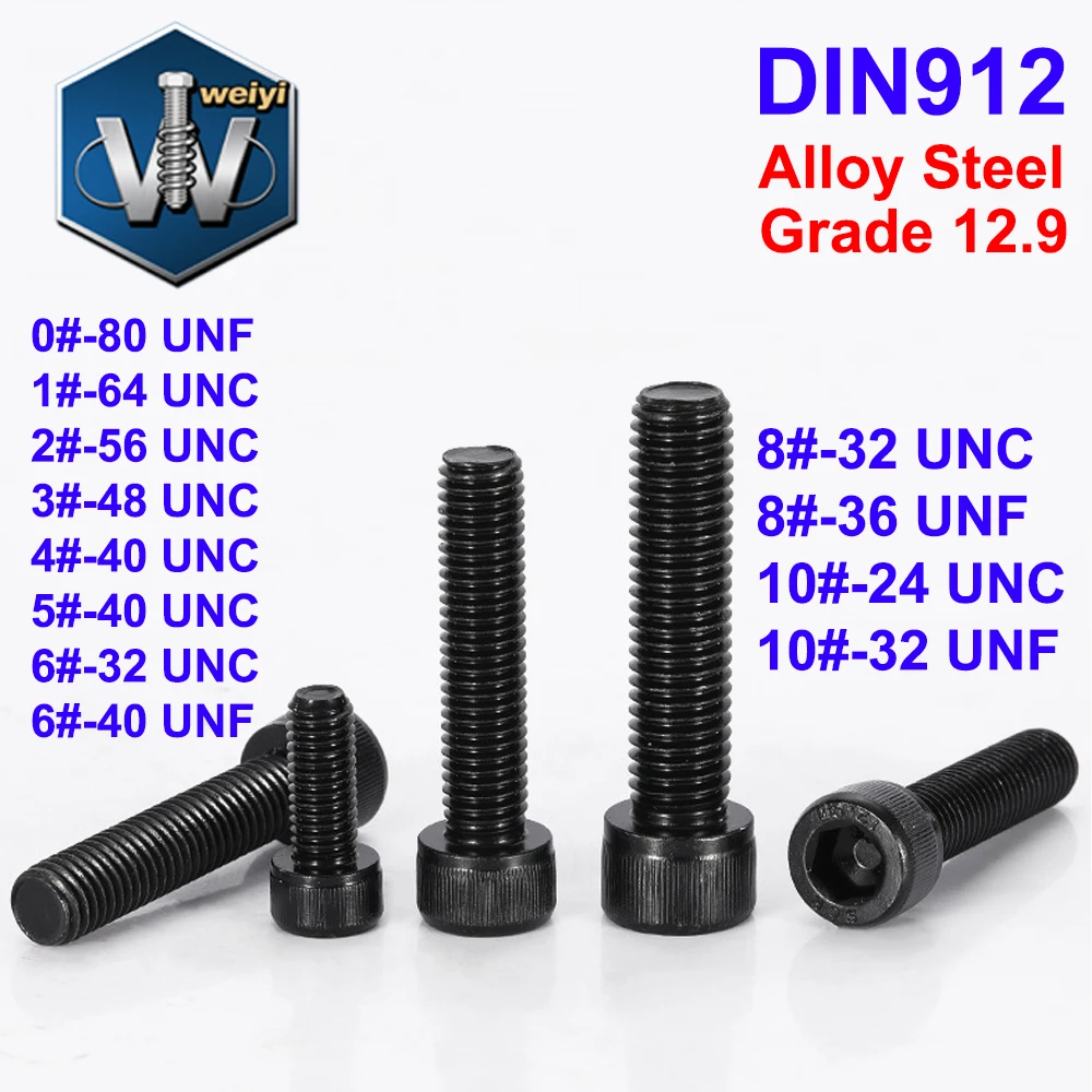 

Иайи 0 # до 10. # UNC UNF Резьба DIN912 Класс 12,9 Легированная сталь Шестигранная головка Болты с накаткой Винты с шестигранной головкой