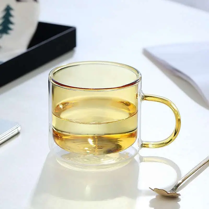 300ml Wine Glasses Drinking Tumbler Coffee Juice Water Cups with Handle Tea Creative Mug Double Bottom Glass Mugs For Home