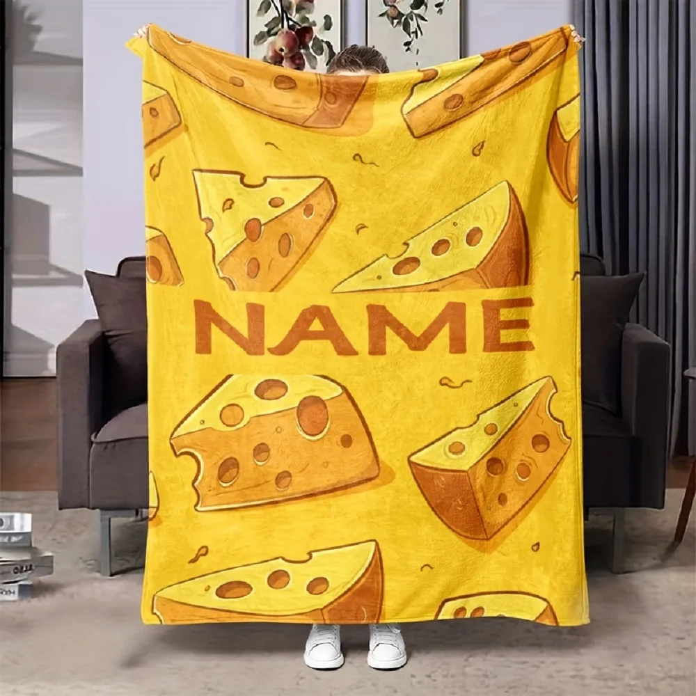 1pc Personalized Custom Name Cheese-Themed Flannel Throw Blanket Soft Cozy Warm for Couch Bed Office Travel 4-Sizes Available