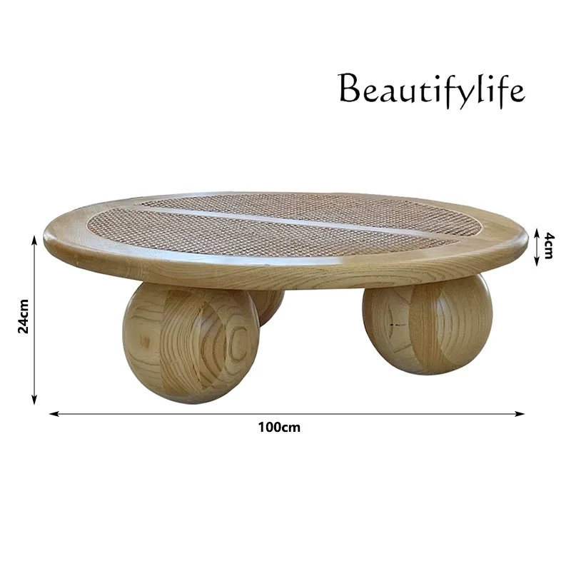 

Japanese-style solid wood creative ins rattan round coffee table household living room simple coffee table