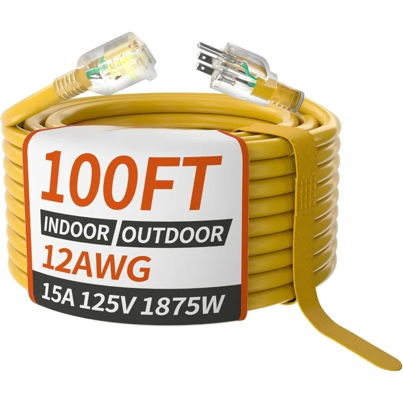 

100ft 12/3 Gauge Outdoor Extension Cord Waterproof with Lighted Indicator,12 Gauge SJTW Heavy Duty 15Amp 1875W,3 Prong Cords Fle
